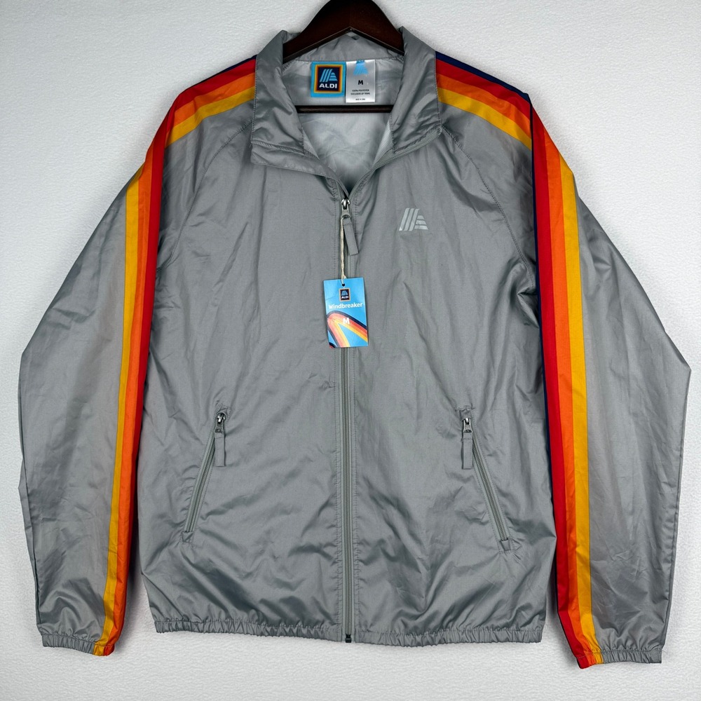 NWT Aldi Windbreaker Mens M Limestone Grey Rainbow Stripe Full Zip Lightweight